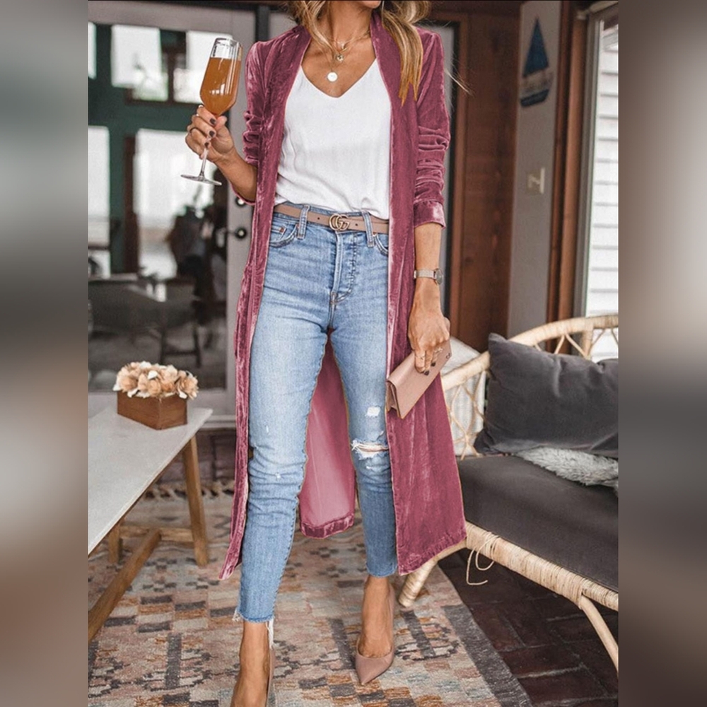 Retro Velour 70s Longline Open Front Cardigan Split Hem Sweater Duster Jacket